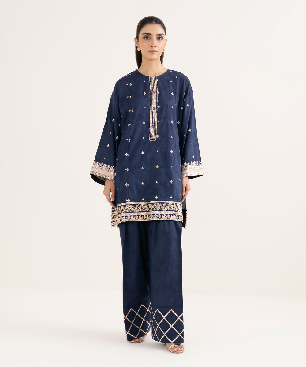 Women's RTW Self Jacquard Embroidered Straight Blue Shirt