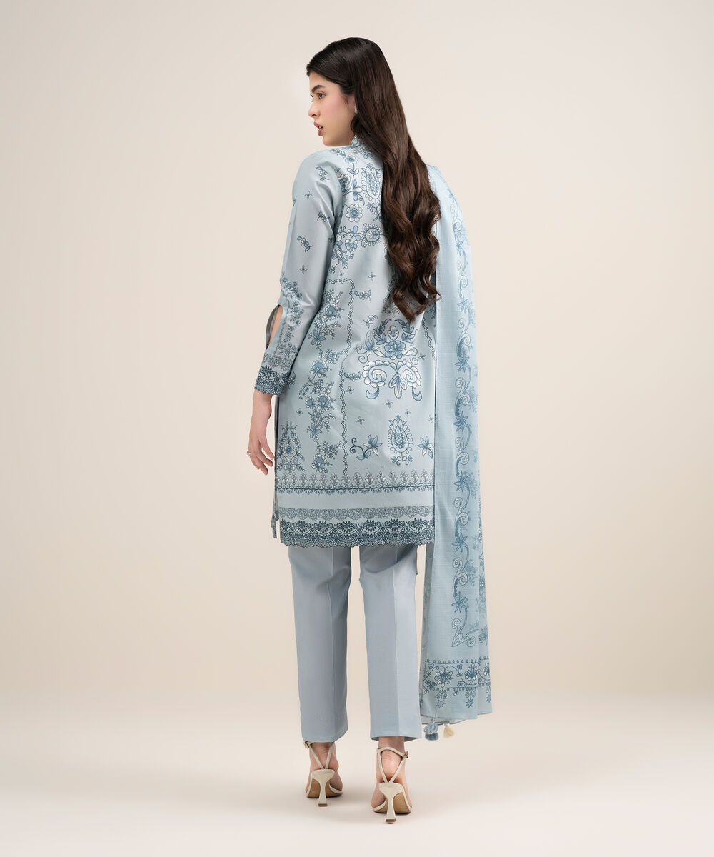 Women's Unstitched Lawn Printed Blue 3 Piece Suit