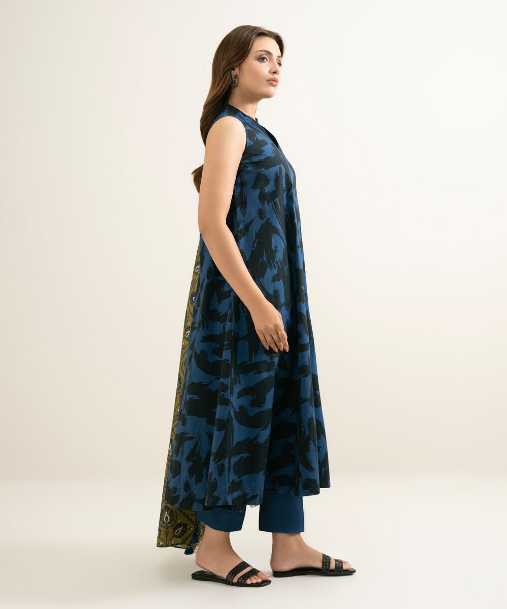 Women's Unstitched Lawn Printed Blue 3 Piece Suit