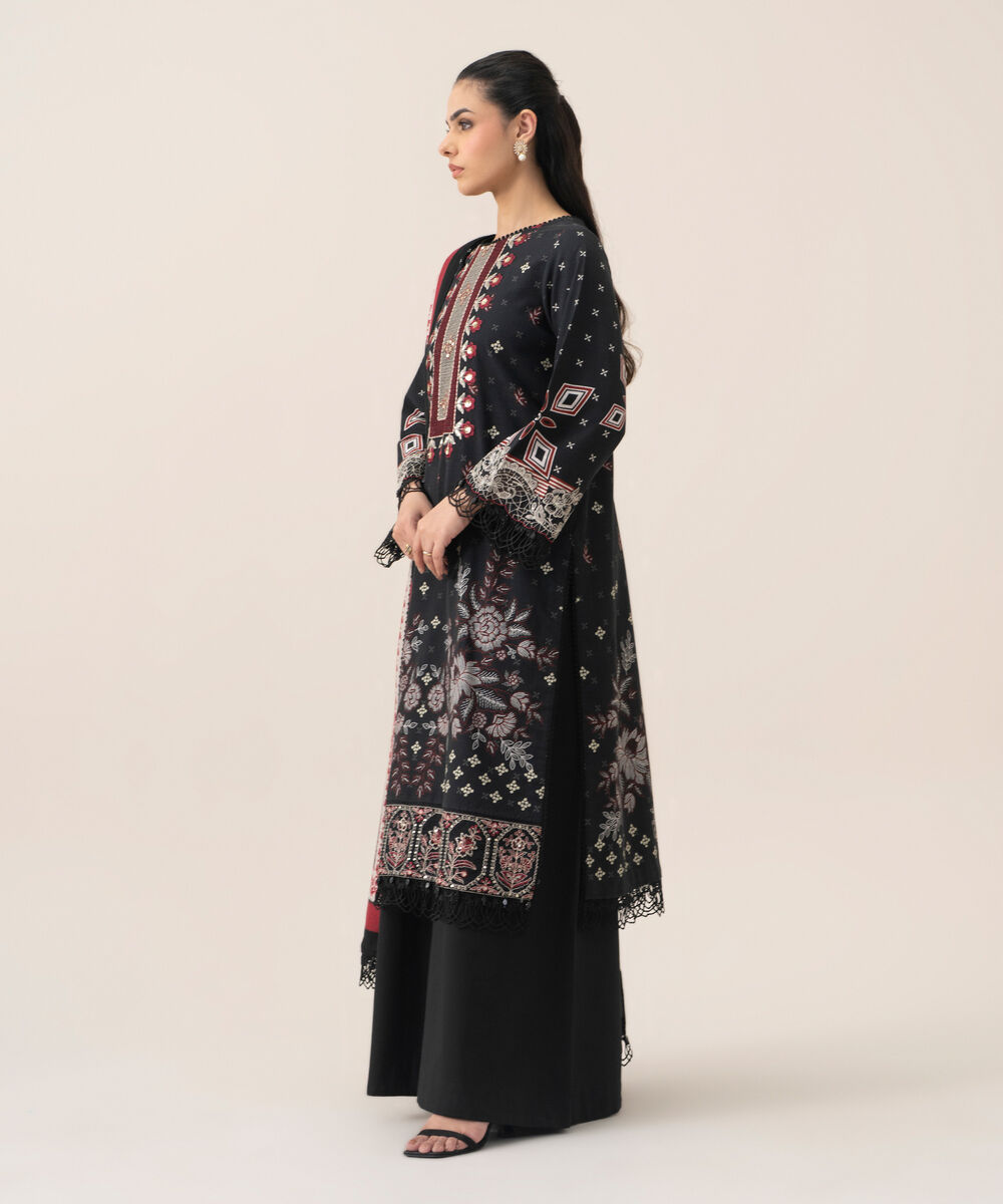 Women's Unstitched Cotton Printed Black 3 Piece Suit