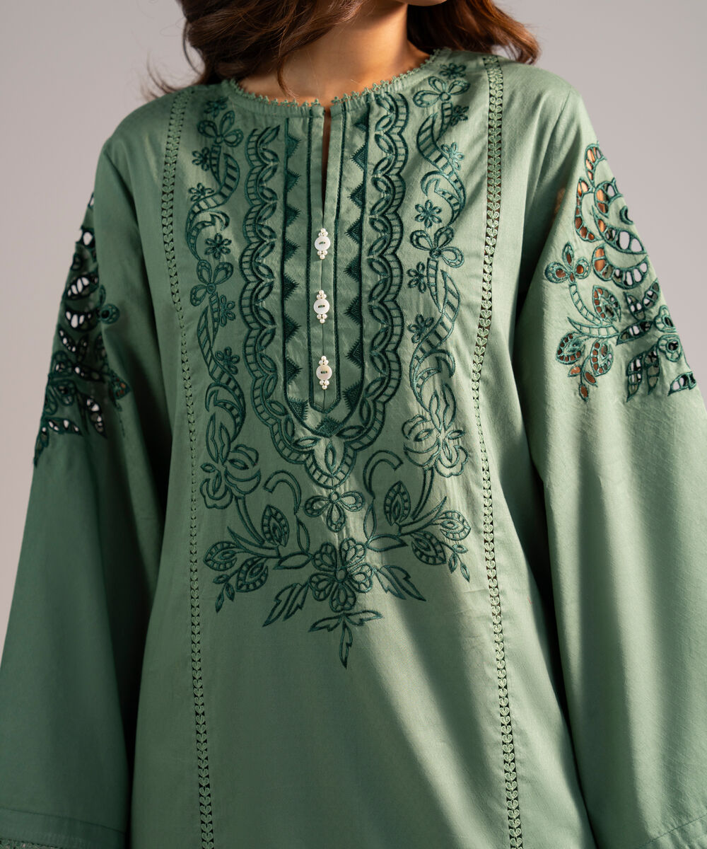 Women's RTW Dobby Embroidered Green 2 Piece Suit