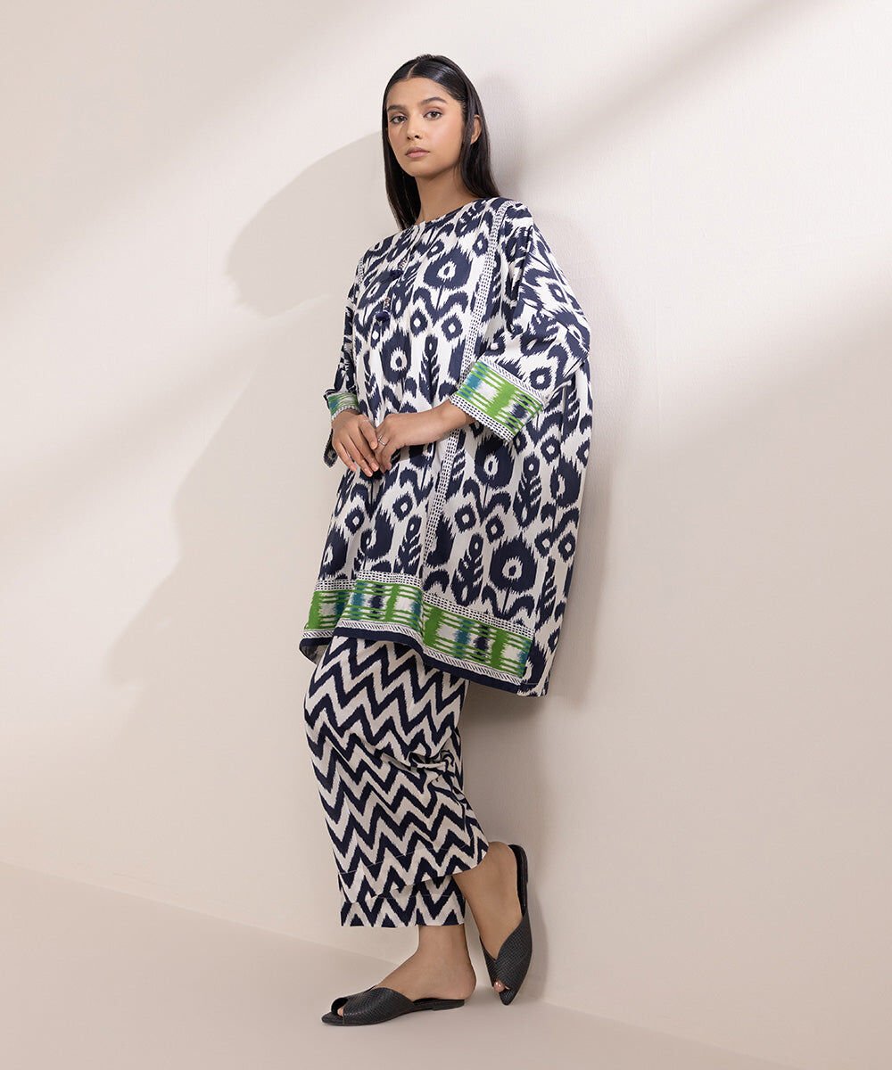 Printed Cotton Viscose Kaftan Women's Pret Cotton Viscose Printed White Kaftan