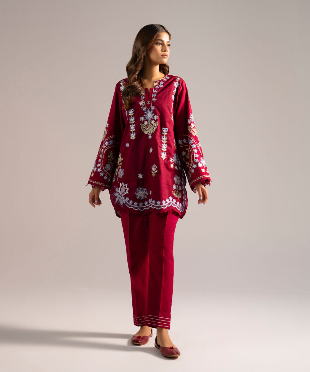 Women's RTW Self Jacquard Embroidered Red 2 Piece Suit