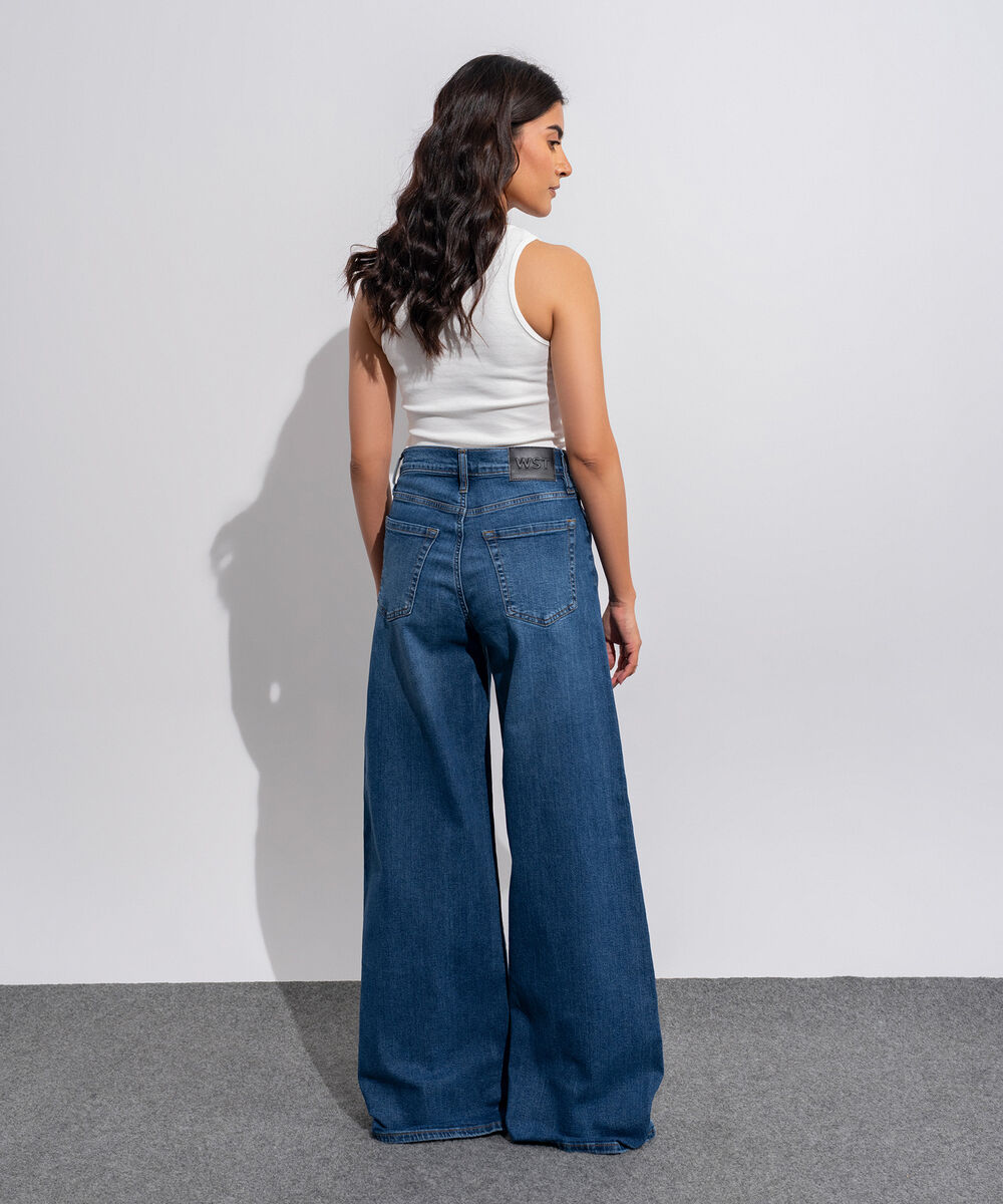 Women's Western Wear Denim Wide Leg Fit Indigo Blue - Dark Worn Jeans