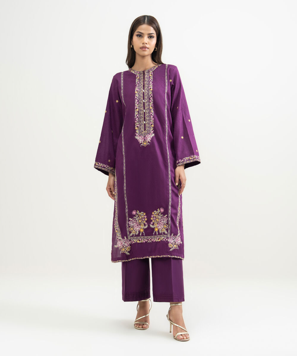 Women's RTW Self Jacquard Embroidered A-Line Purple Shirt