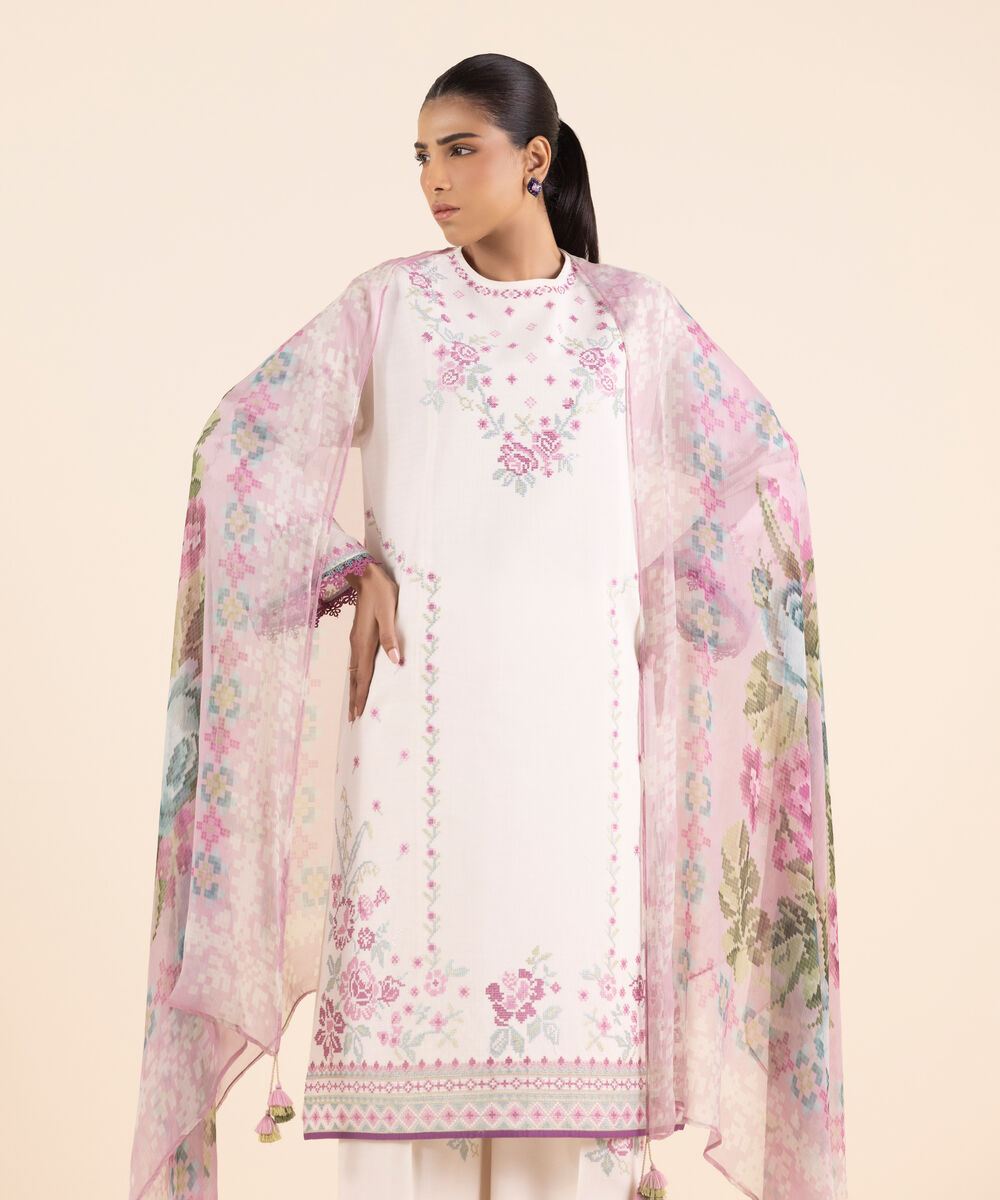 Women's Unstitched Dobby Embroidered Off White 3 Piece Suit