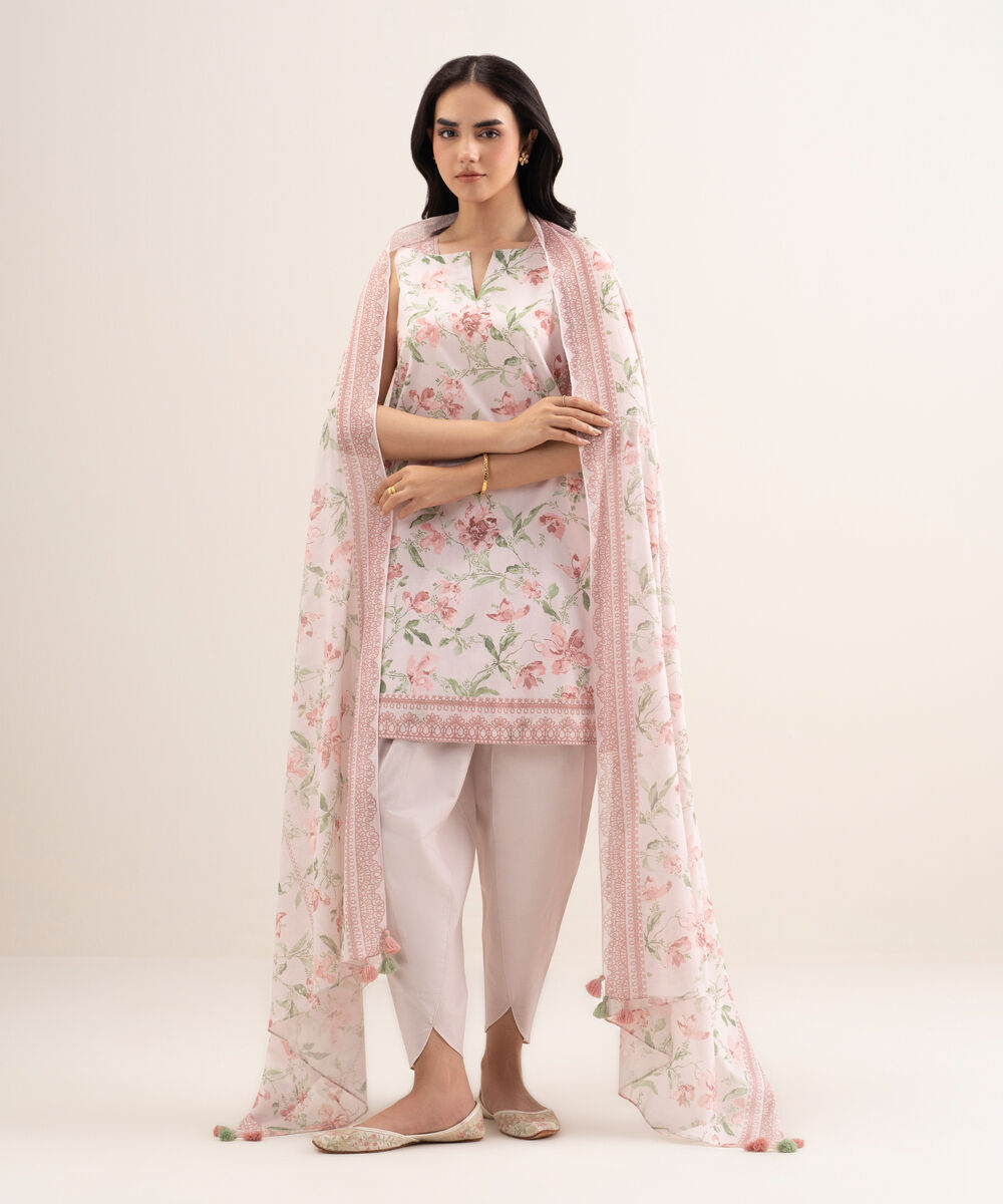 Women's Unstitched Lawn Printed Pink 3 Piece Suit