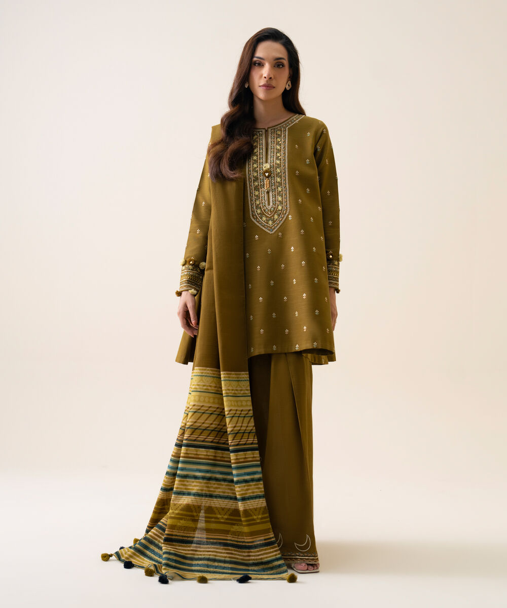 Women's Unstitched Light Khaddar Embroidered Mustard 3 Piece Suit
