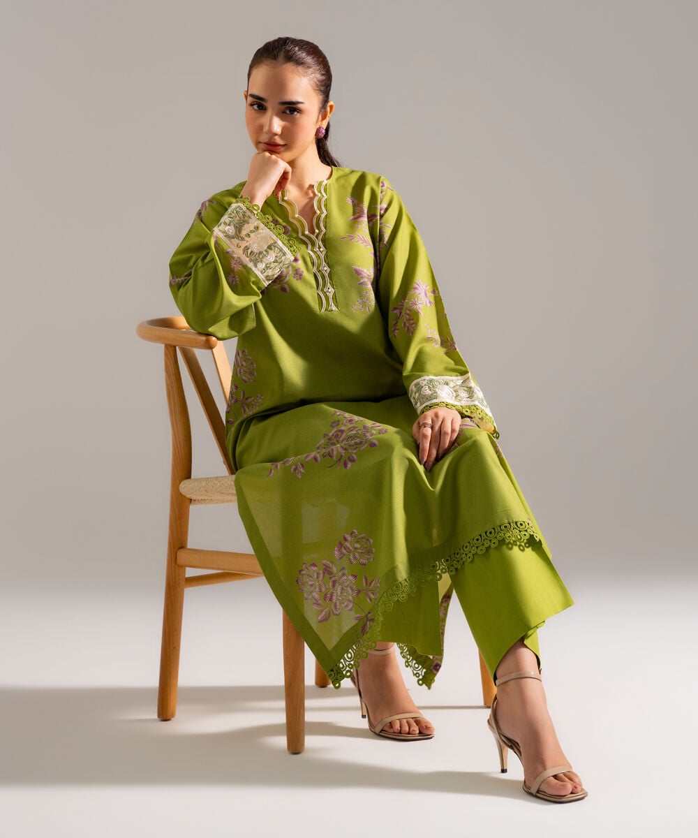 Women's RTW Zari Lawn Embroidered Green Straight Shirt