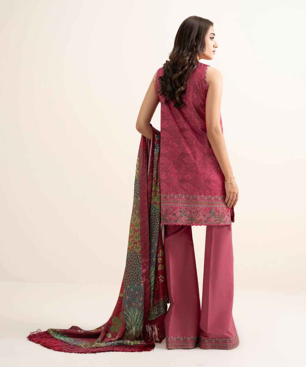 Women's Unstitched Lawn Embroidered Pink 3 Piece Suit