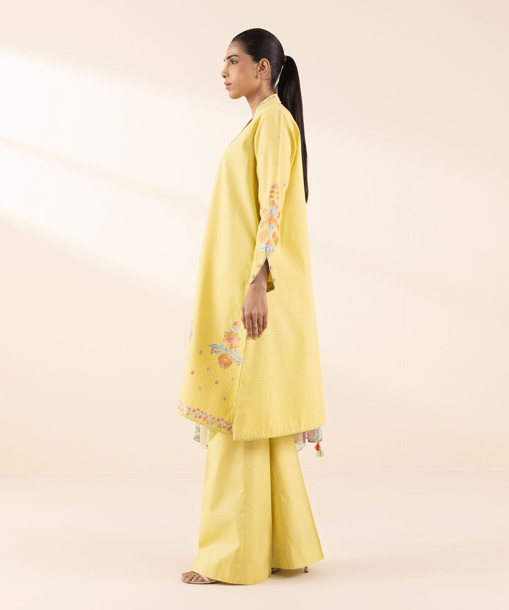 Women's Unstitched Dobby Embroidered Yellow 3 Piece Suit