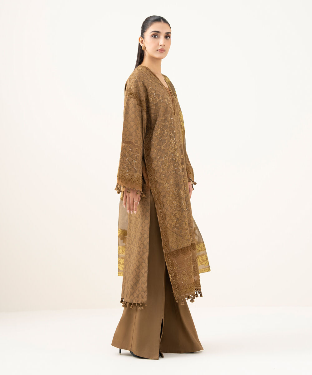 Women's Unstitched Linen Jacquard Embroidered Brown 3 Piece Suit