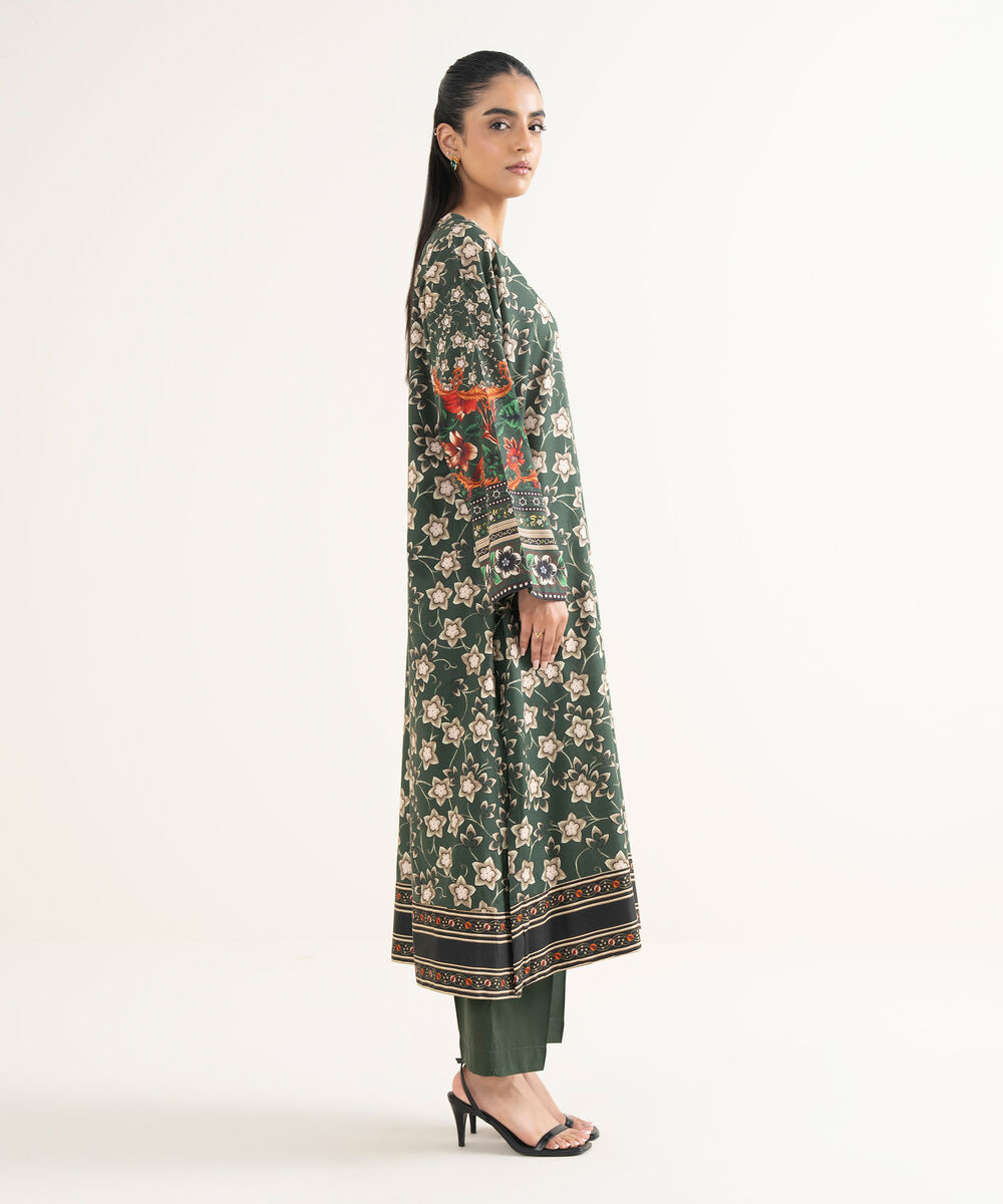 Women's RTW Cotton Viscose Printed Drop Shoulder Green Shirt