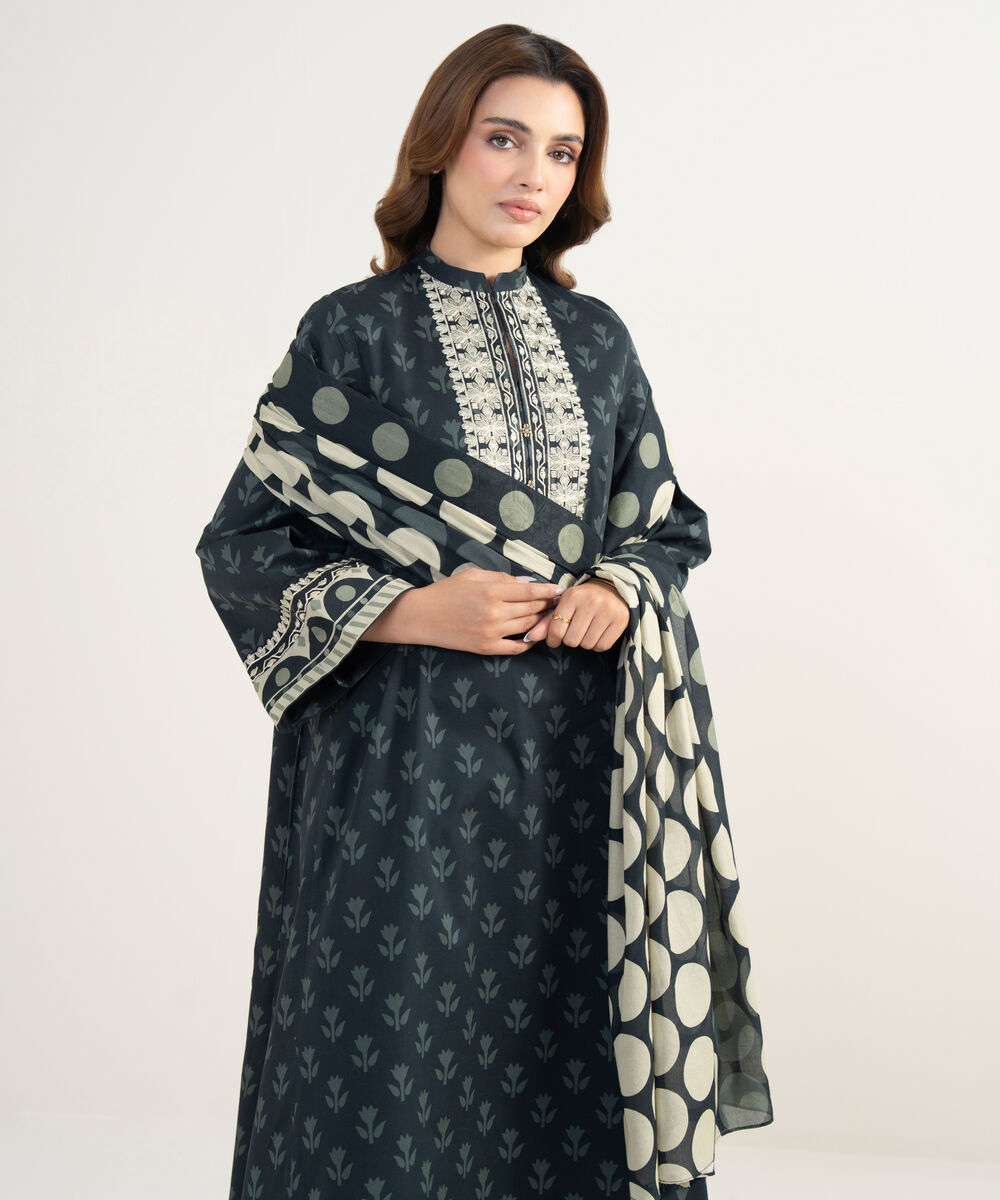 Women's Unstitched Lawn Embroidered Black 3 Piece Suit