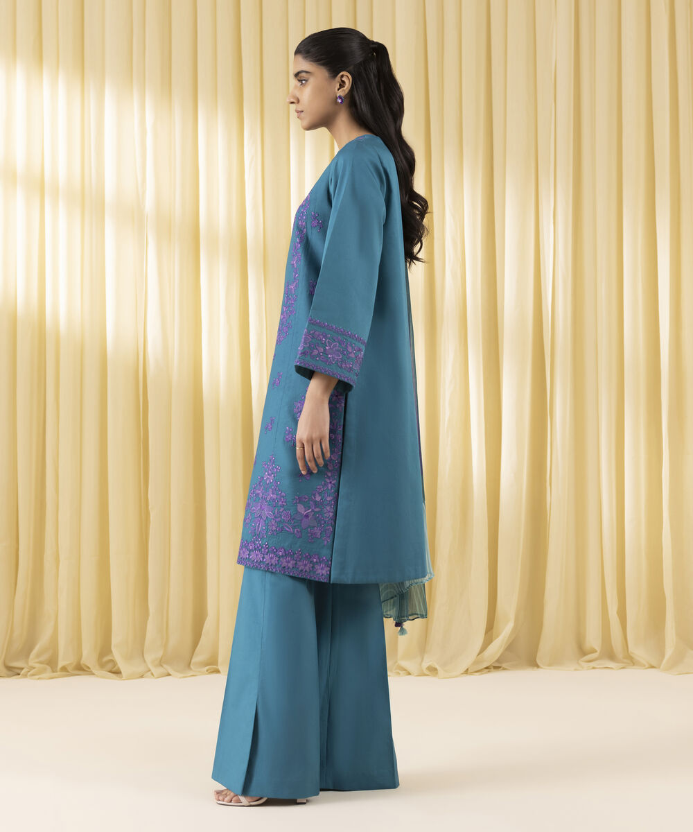 Unstitched Women's Blue Cotton Satin 3 Piece Suit