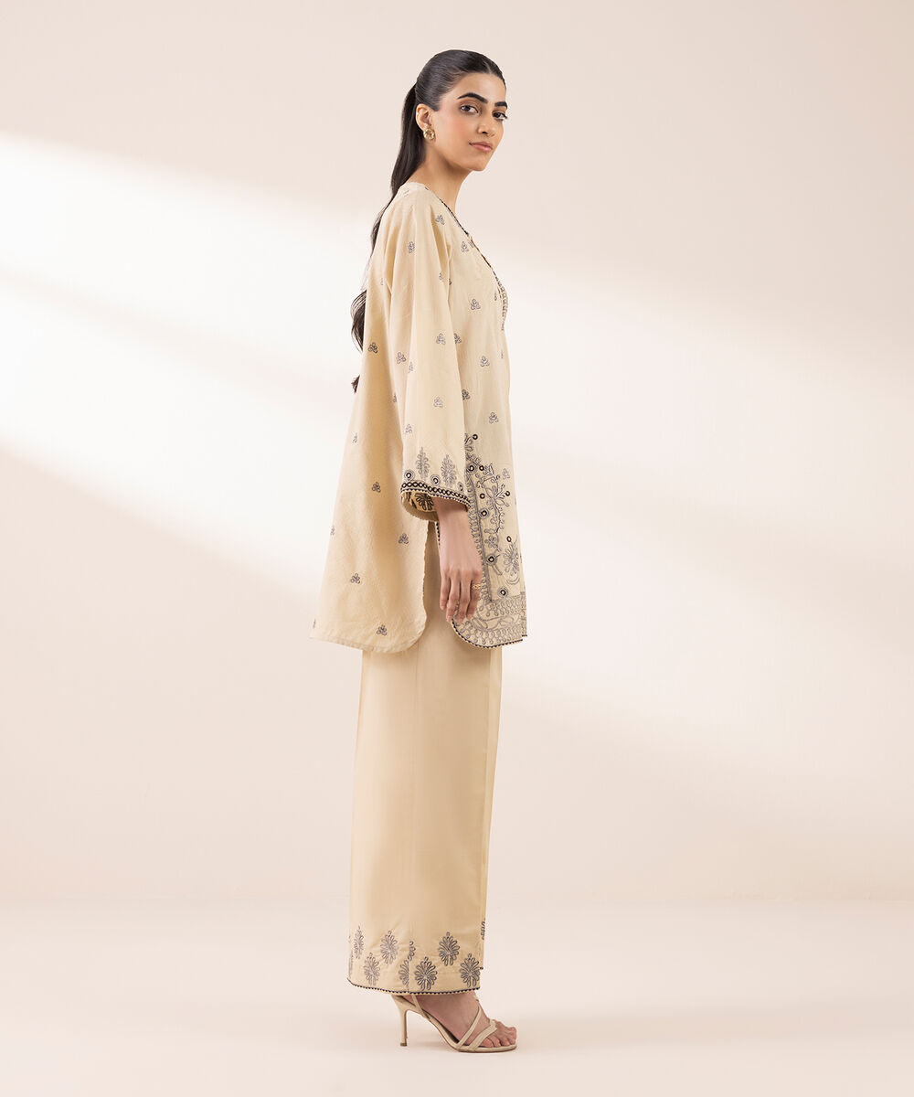 Women's RTW Dobby Beige Embroidered A-Line Shirt