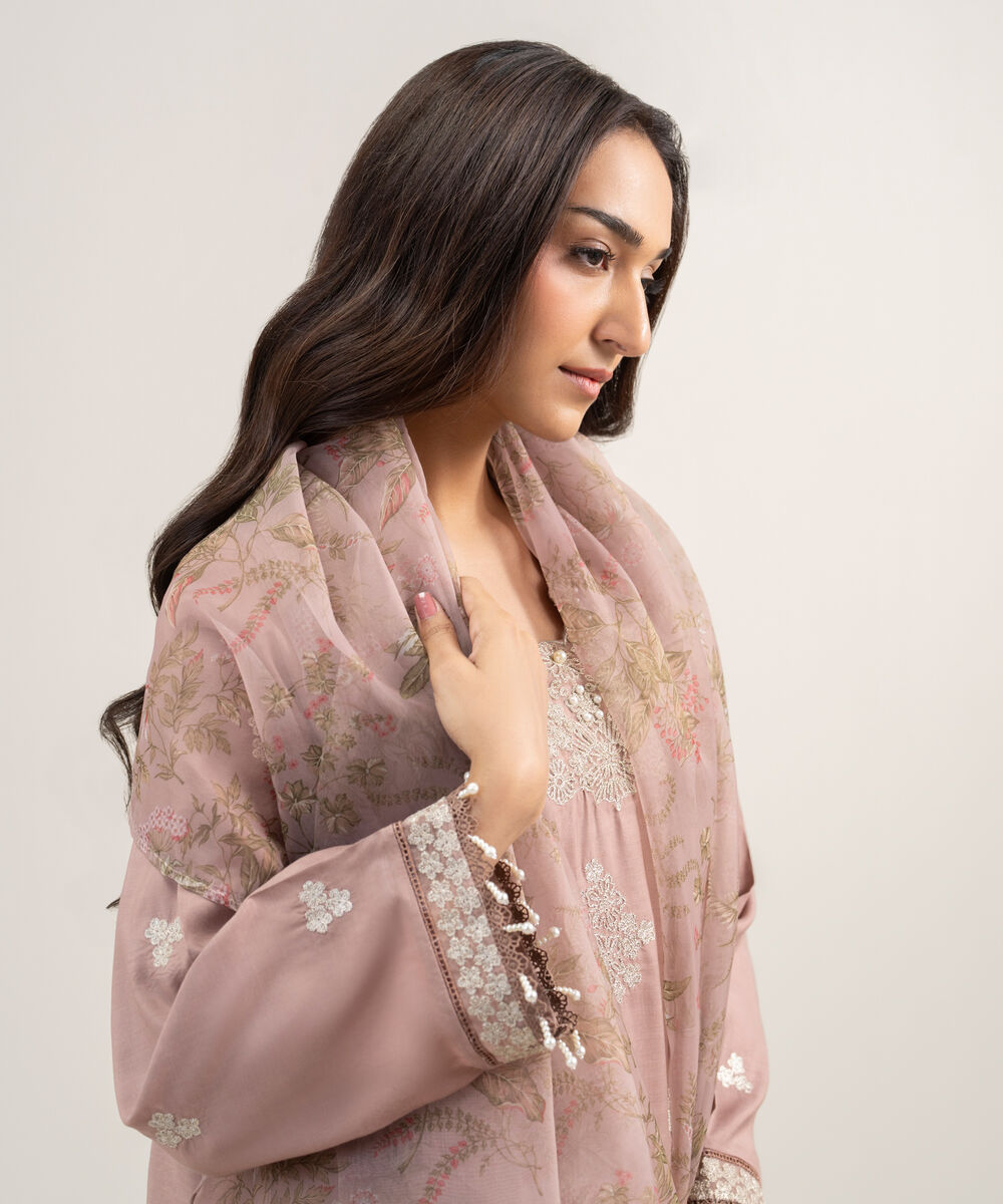 Women's RTW Viscose Raw Silk Embroidered Mauve 3 Piece Suit