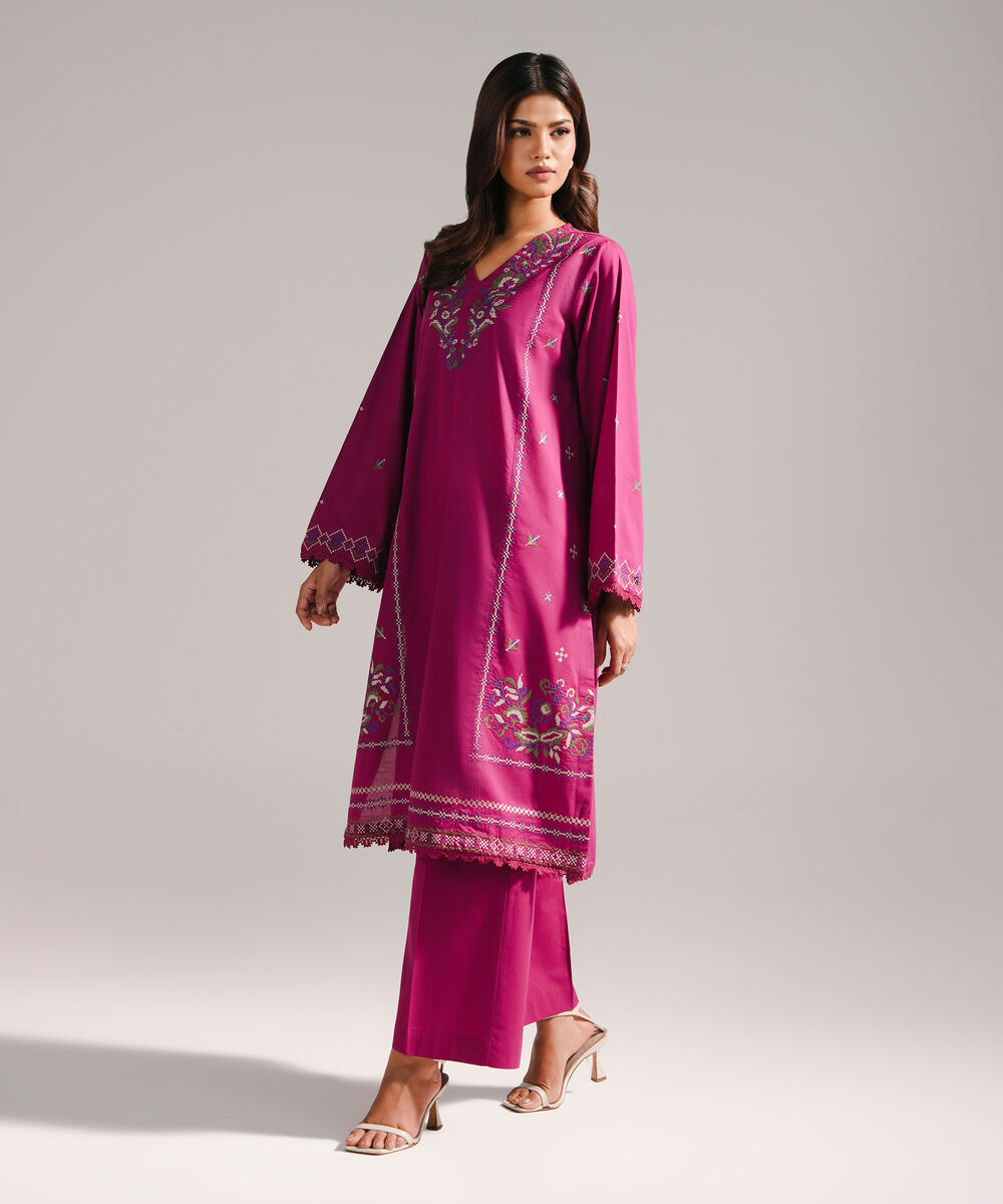 Women's RTW Slub Lawn Embroidered Plum Straight Shirt