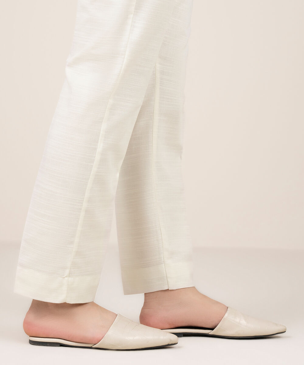 Women's RTW Khaddar Solid Off White Straight Pants
