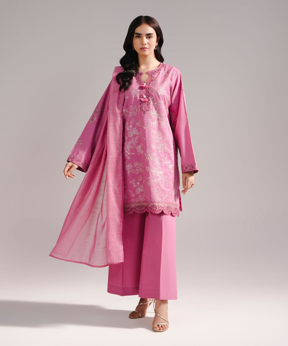 Women's RTW Lawn Embroidered Pink 3 Piece Suit