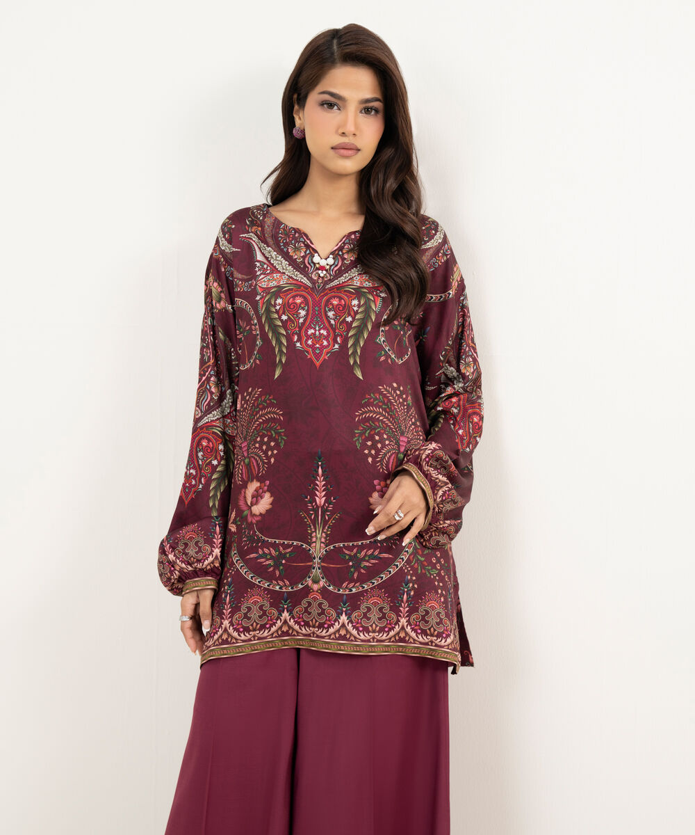 Women's RTW Premium Visocose Satin Printed Plum  2 Piece Suit