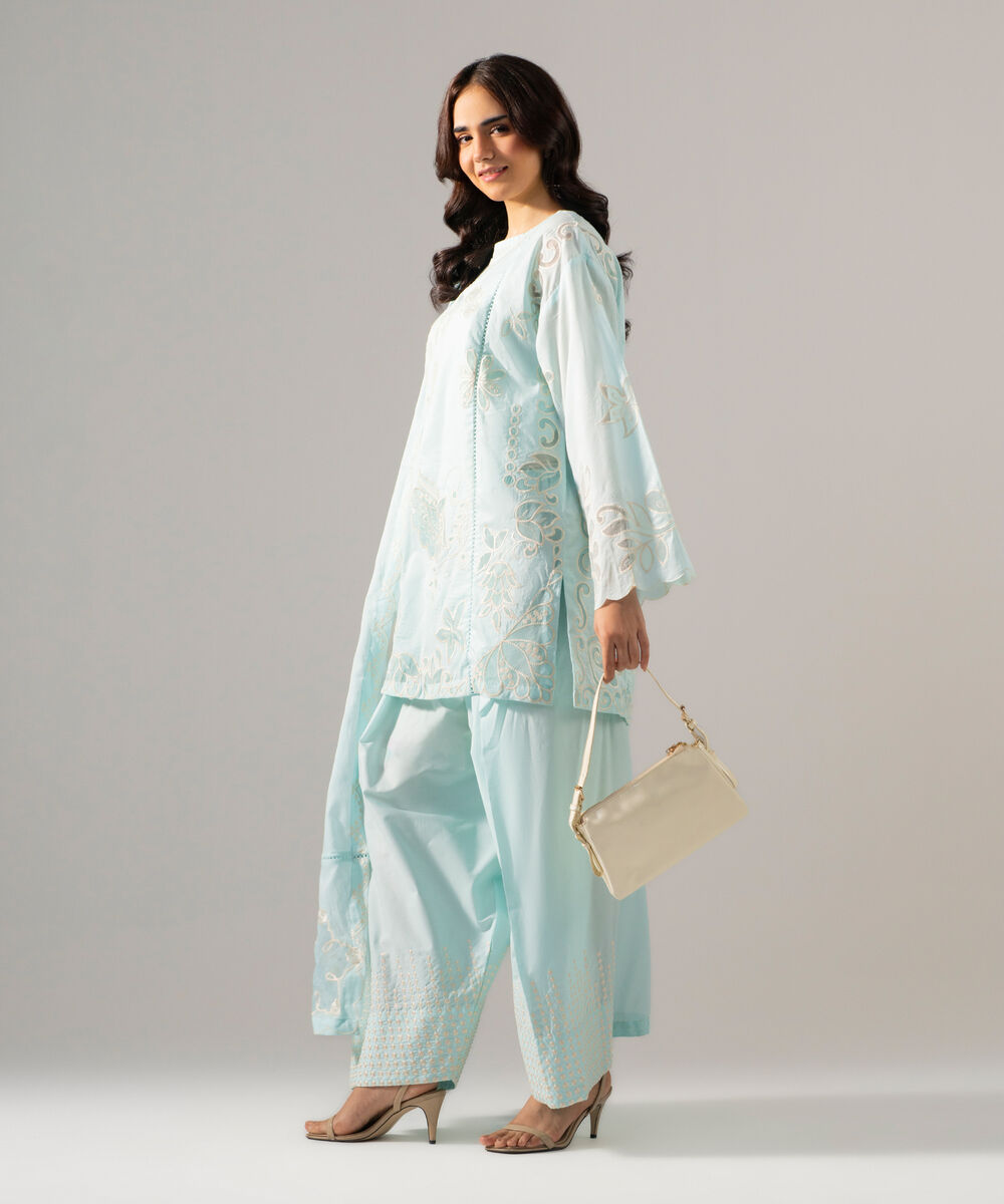 Women's RTW Lawn Solid Embroidered Blue 3 Piece Suit