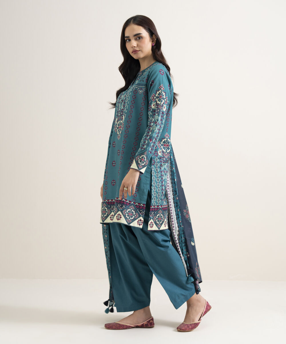 Women's Unstitched Lawn Printed Blue  3 Piece Suit