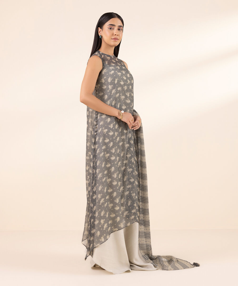 Women's Unstitched Chiffon Printed Grey 3 Piece Suit