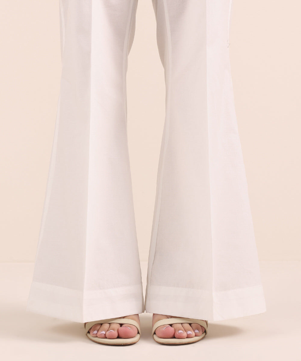 Woman - White Solid Cambric Boot-cut Pants