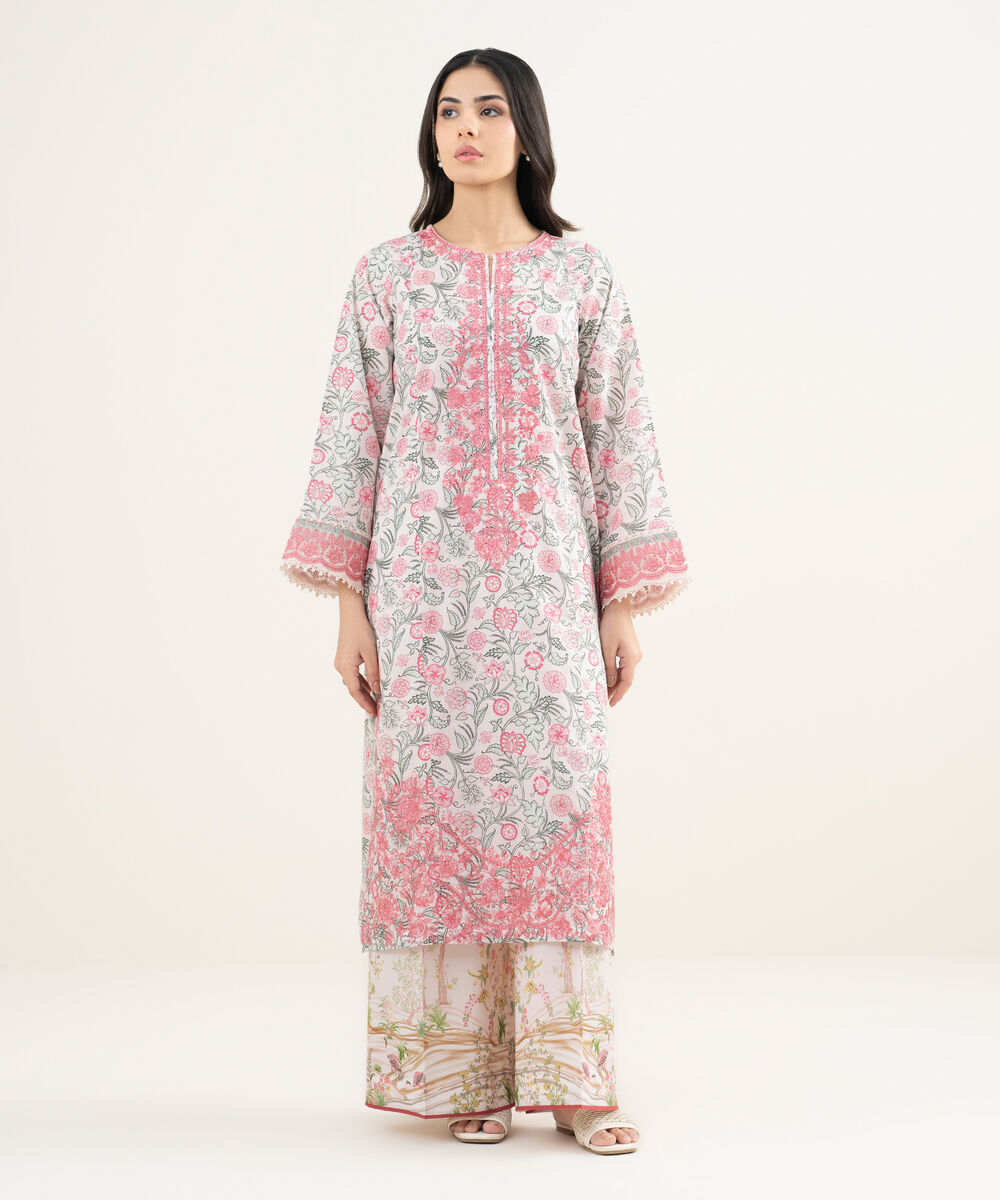 Women's RTW Slub Lawn Embroidered Pink A-Line Shirt