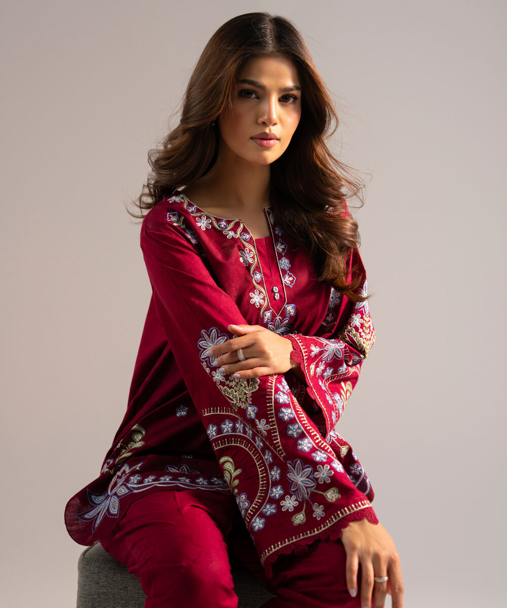 Women's RTW Self Jacquard Embroidered Red 2 Piece Suit