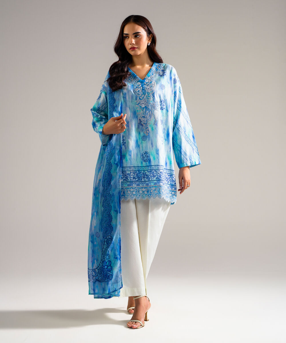 Women's RTW Dobby Embroidered Blue 3 Piece Suit
