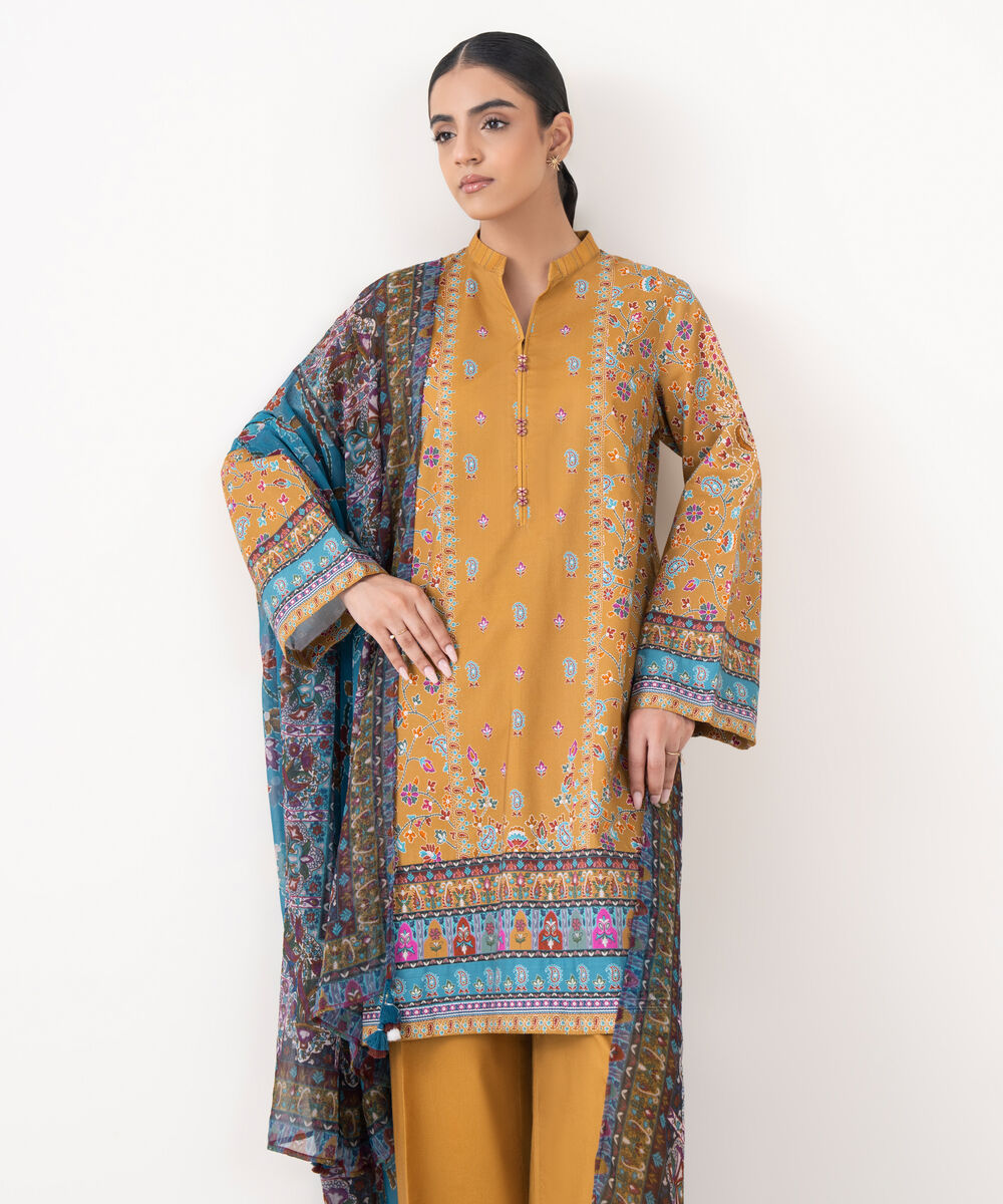 Women's Unstitched Cotton Viscose Printed Orange 3 Piece Suit