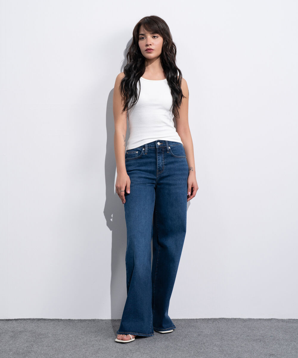 Women's Western Dark Blue Wash High Rise Wide Leg Jeans