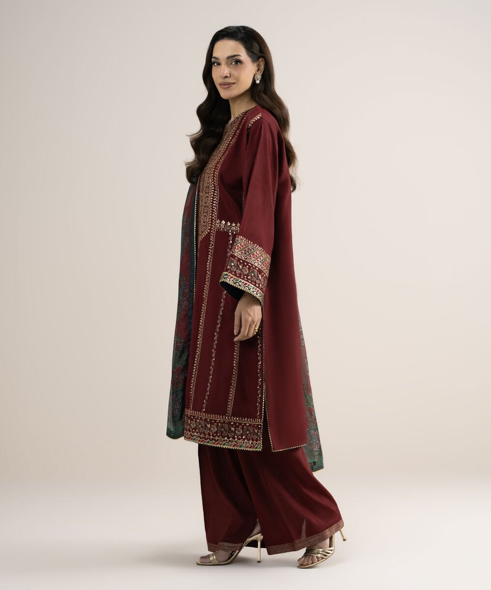 Women's Unstitched Embroidered Blended Raw Silk Red 3 Piece Suit