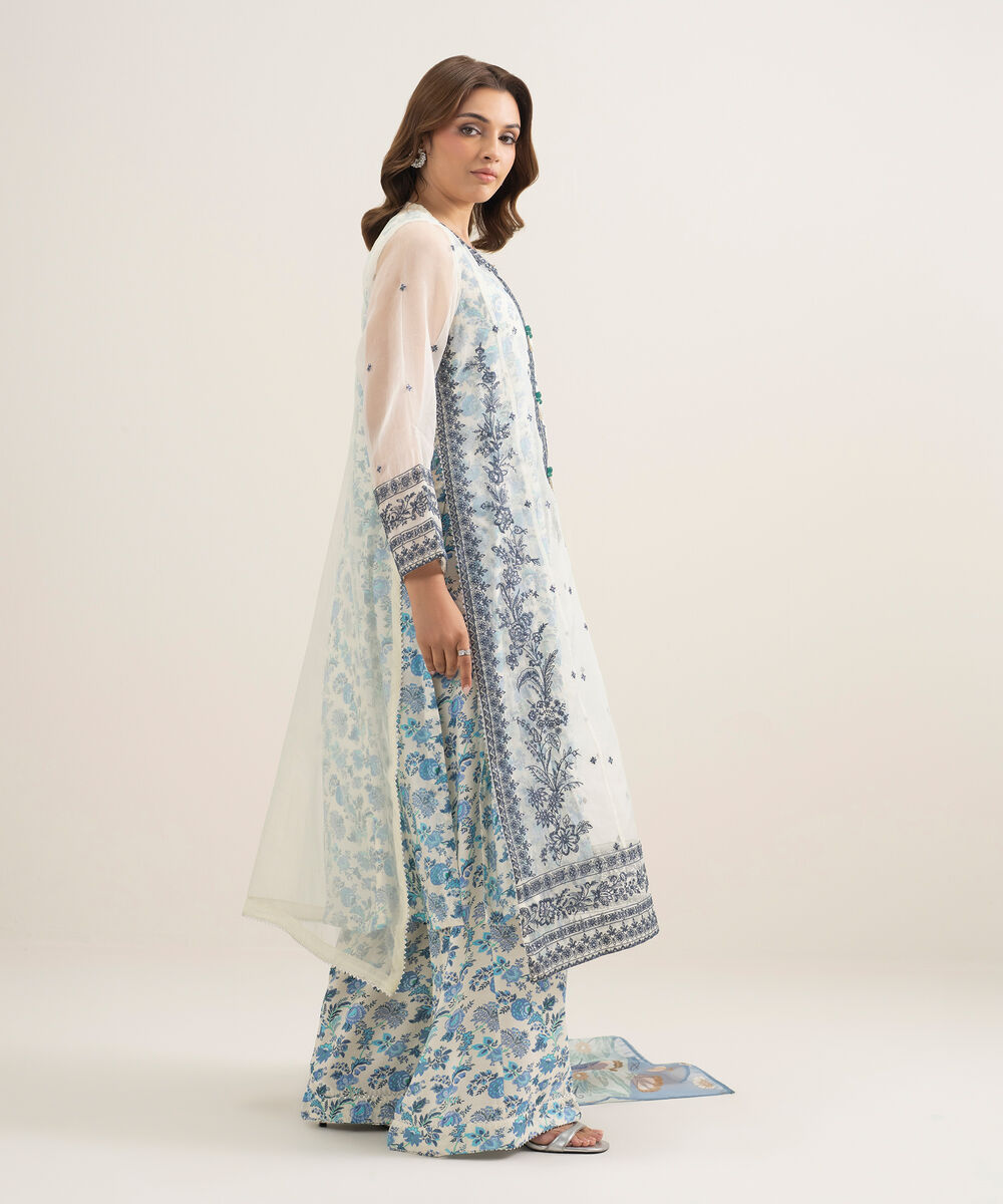 Women's RTW Blended Organza Embroidered Off White 3 Piece Suit