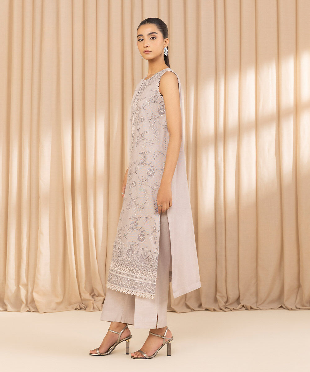 Unstitched Women's Embroidered Blended Khaddi Net Beige Three Piece Suit