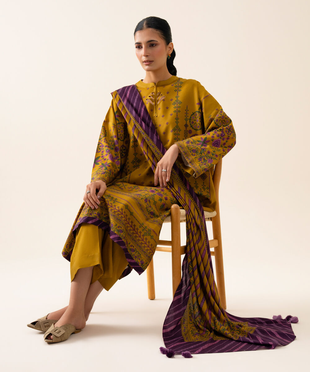Women's Unstitched Viscose Linen Printed Mustard 3 Piece Suit