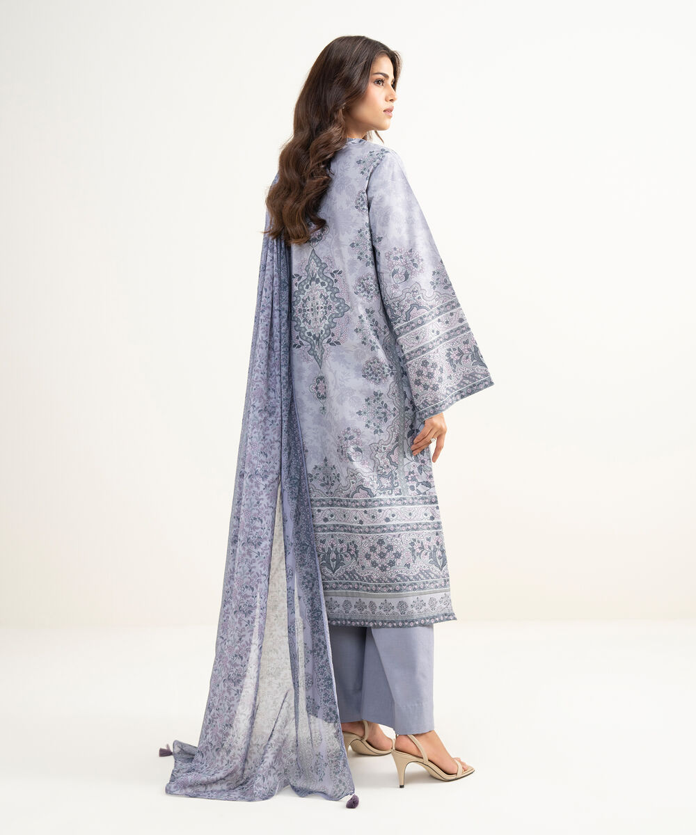 Women's Unstitched Zari Lawn Embroidered Grey 3 Piece Suit