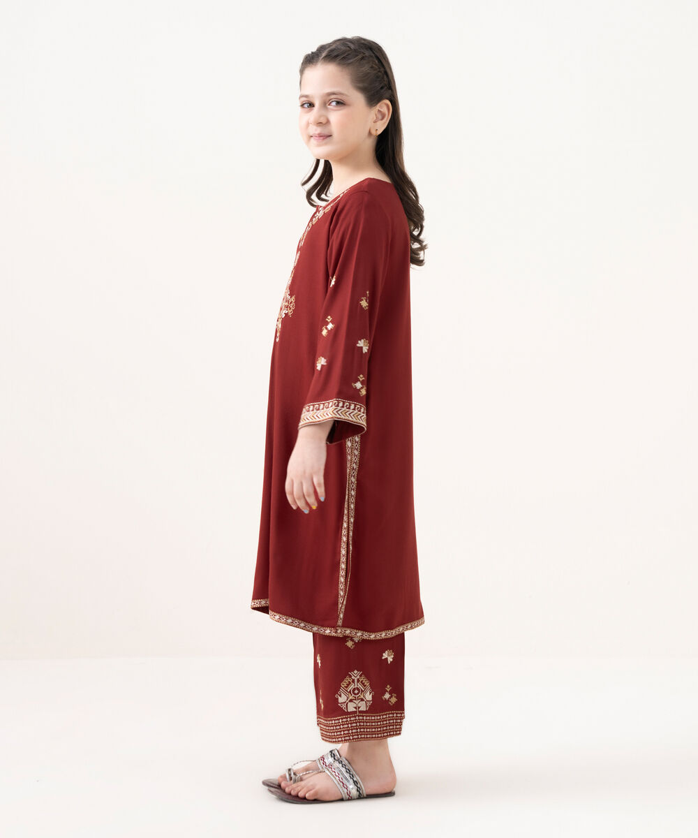 Girl's Bedford  Embroidered Maroon 2 Piece Suit