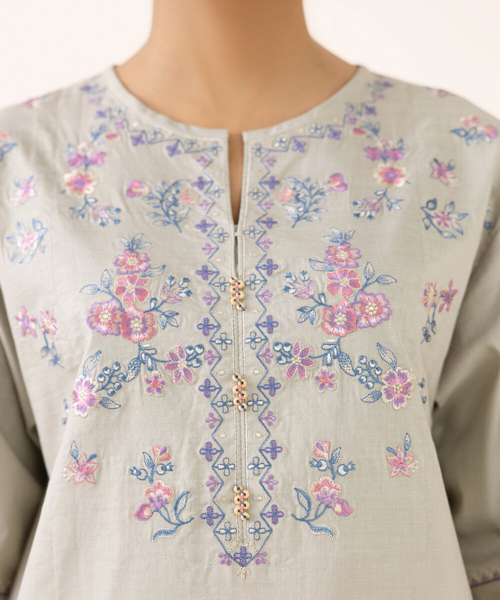 Women's Unstitched Cotton Embroidered Green Two Piece Suit