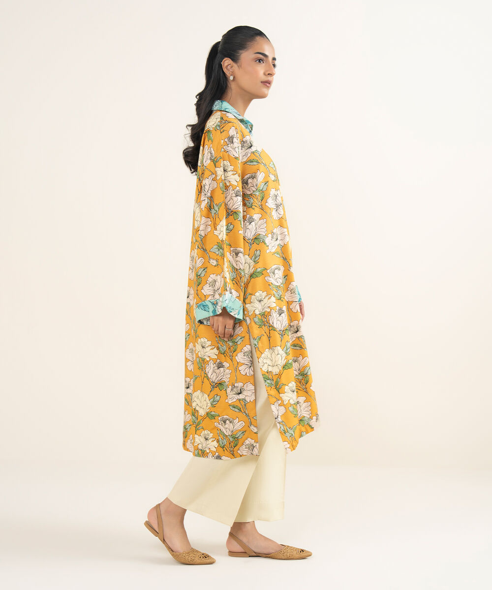 Women's RTW Herringbone Printed Mustard Drop Shoulder Shirt