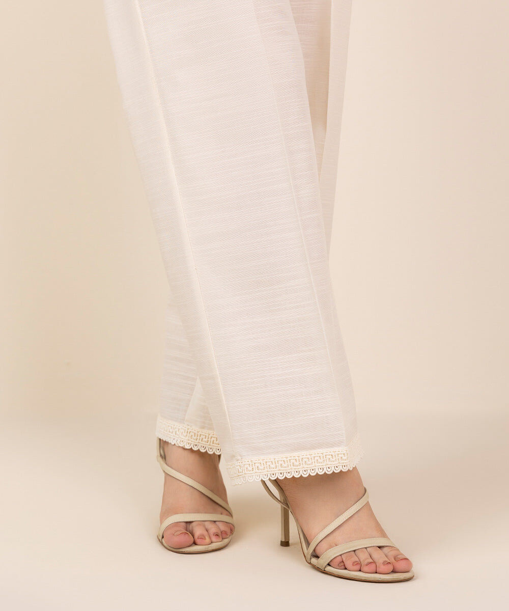 Woman - Off White Solid Khaddar Straight Pants