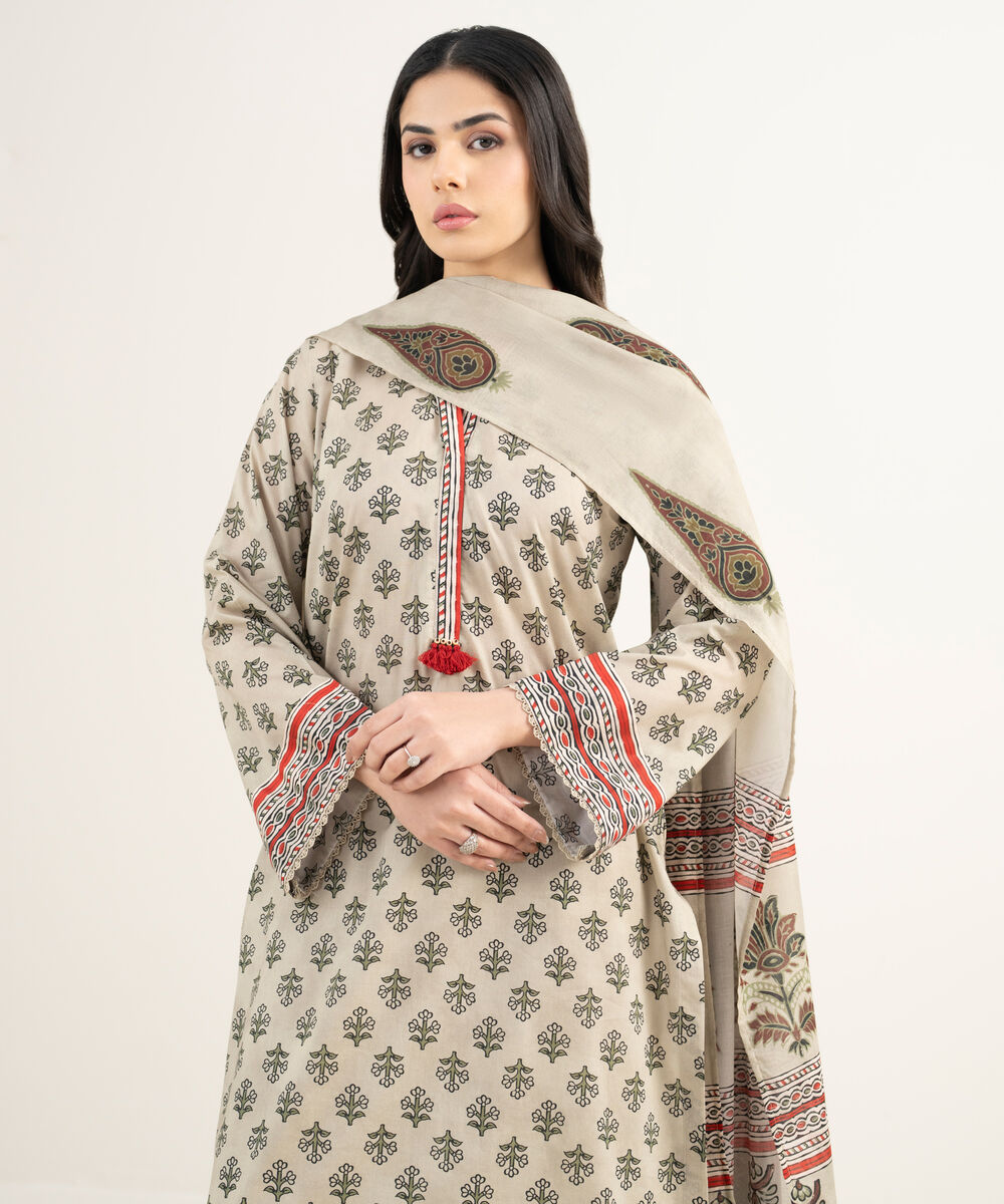 Women's RTW Lawn Printed Beige 3 Piece Suit