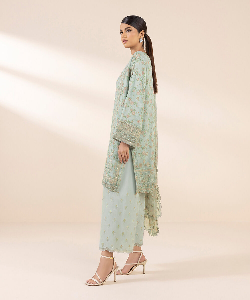 Unstitched Women's Embroidered Viscose Chiffon Green Three Piece Suit