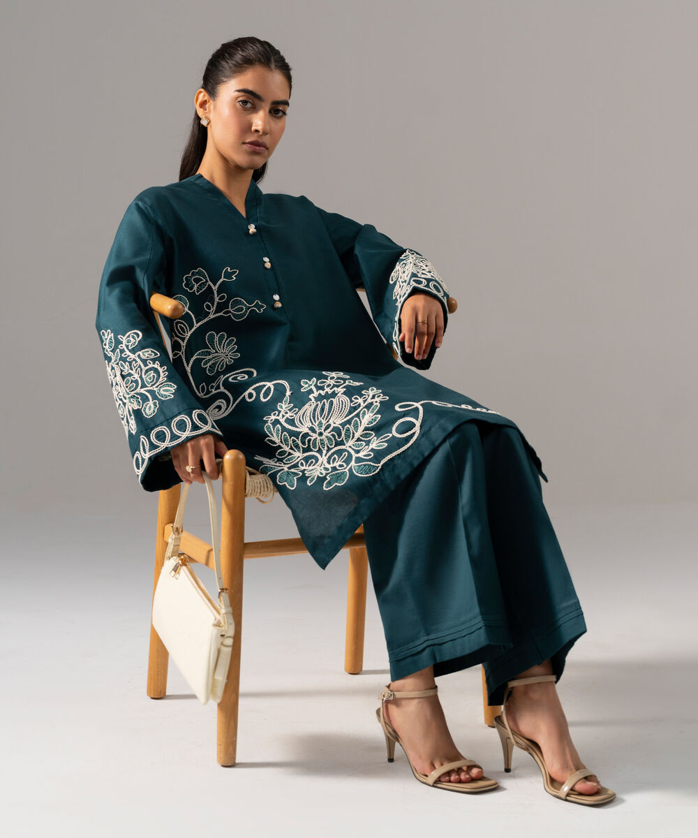 Women's RTW Cotton Linen Embroidered Green 2 Piece Suit
