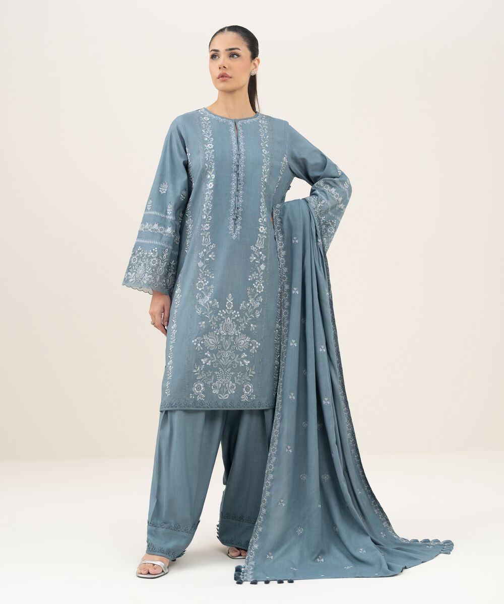 Women's Unstitched Embroidered Linen Aqua Blue 3 Piece Suit