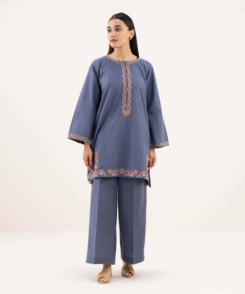 Women's RTW Light Khaddar Embroidered Straight Blue Shirt
