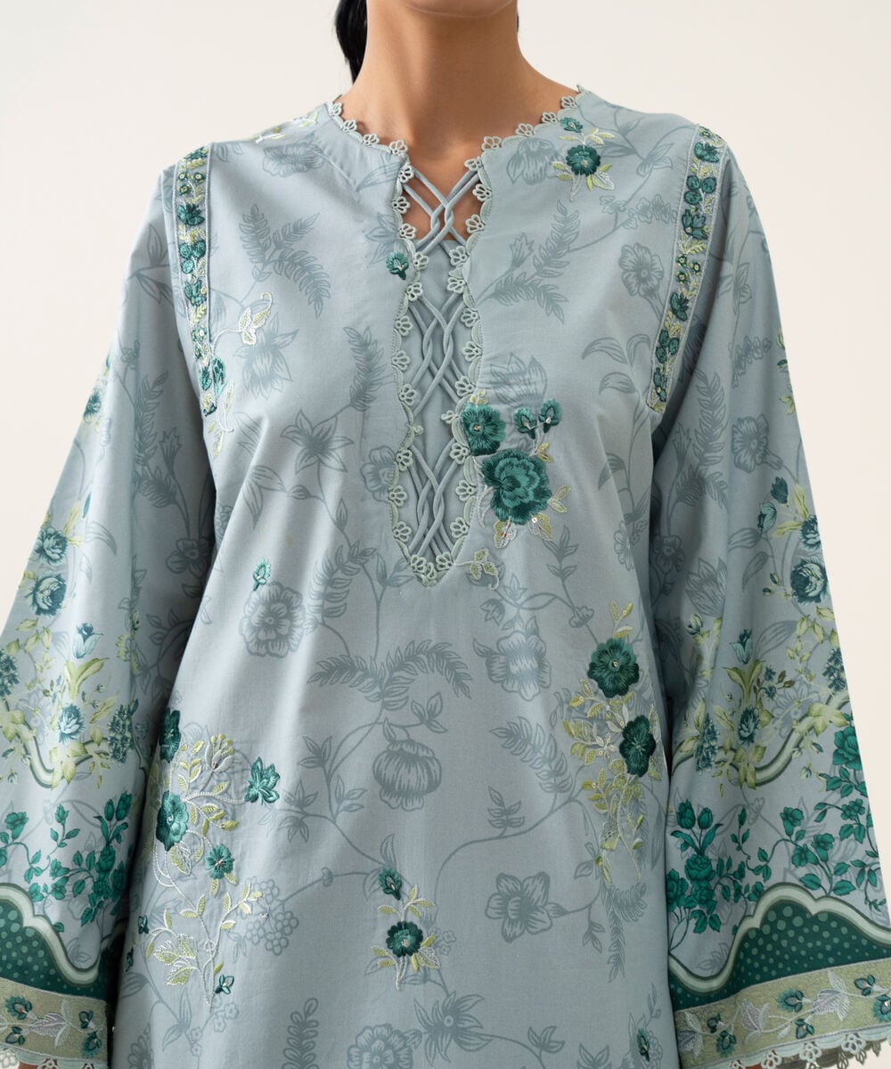Women's Unstitched Blended Chiffon Embroidered Blue 3 Piece Suit
