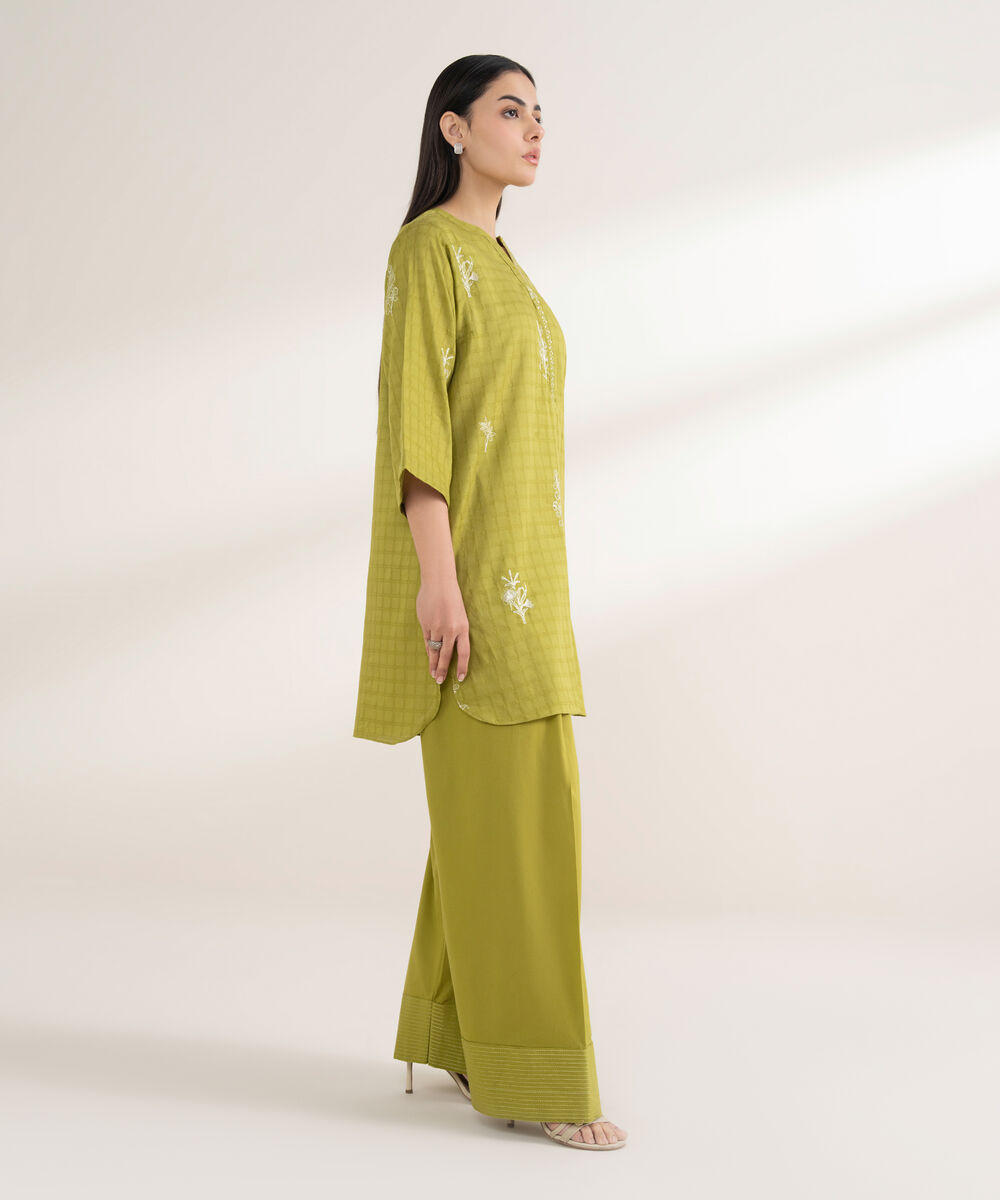 Women's RTW Textured Cotton Embroidered Boxy Green Shirt